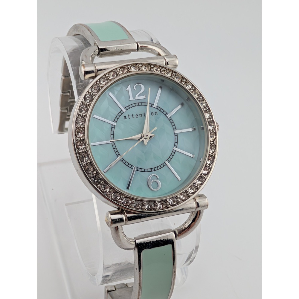 Attention Watch‎ Women 34mm Silver Case Green 6.5" Band- New Battery
